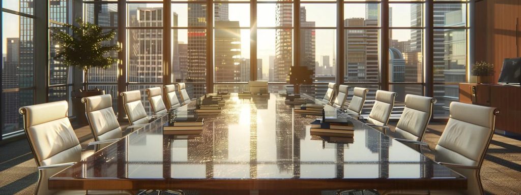 a sharp, professional office setting featuring a large conference table surrounded by legal books and documents, with a backdrop of a city skyline, capturing the essence of a discussion about custody laws in ohio.