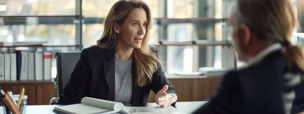 a focused, modern office environment features a poised divorce lawyer seated at a sleek desk, thoughtfully engaging with a client across the table, surrounded by legal books and documents that emphasize the gravity of their discussion.